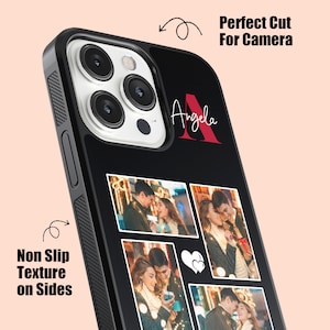 May include: Black phone case featuring a collage of photographs of a couple. The case has a white border around the photos and a red "A" for Angela in the top corner.