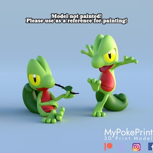 May include: Two green, red, and yellow cartoon gecko figures. One is seated, holding a twig with a leaf, the other is standing with arms outstretched. Text at the top reads "Model not painted! Please use as a reference for painting!"