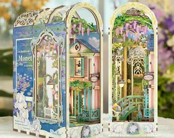Giverny Garden Book Nook Kit: houten diorama met led en stofkap, leeshoekdecor, cadeau boekenliefhebber
