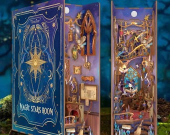 Kit de rincón de lectura Magic Stars Room: Diorama de madera con LED, decoración para rincón de lectura, regalo para amantes de los libros.