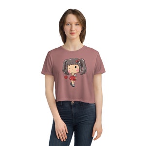 Women&#39;s Cropped Top with Cute Girl Cartoon and Heart Design, Flowy Cropped Tee, Perfect Gift for Girls, For Her, Bella + Canvas 8882
