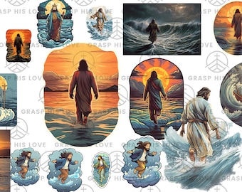 Jesus Walking on Water Clip Art - Sticker - Decal Bundle - PNG High Resolution -  Faith - Religious - Christian - Transparent