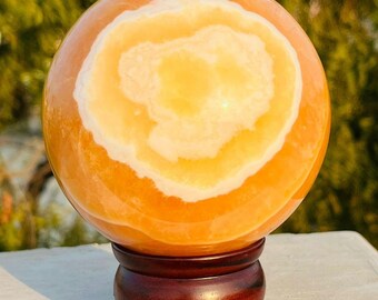 Unique Large 101 mm Yellow  Zebra Calcite Sphere | Metaphysical Crystal Healing Energy | Oblesik| Meditation