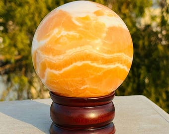 Unique Large 101 mm Yellow  Zebra Calcite Sphere | Metaphysical Crystal Healing Energy | Oblesik| Meditation