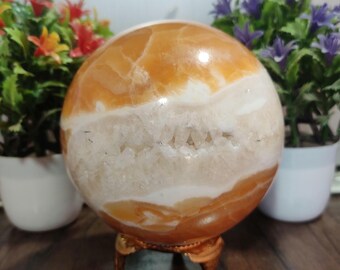 Unique Large 120 mm Yellow  Zebra Calcite Sphere | Metaphysical Crystal Healing Energy | Oblesik| Meditation