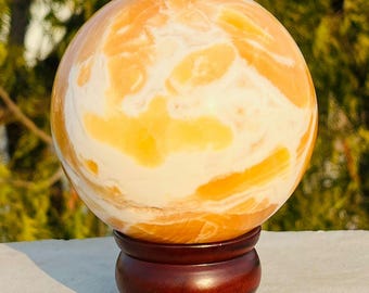 Unique Large 101 mm Yellow  Zebra Calcite Sphere | Metaphysical Crystal Healing Energy | Oblesik| Meditation