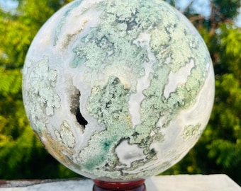 Gorgeous 170 MM Green Moss Agate Druzy speher | stress reduction, emotional balance, and a deeper connection to nature