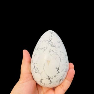 May include: A white, egg-shaped stone with gray veining. The polished surface of the stone is smooth and reflective. The egg is held in a hand against a black background. The stone is a decorative item.