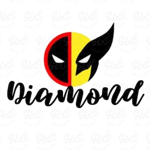 May include: A red and yellow circle with a black and red superhero mask on the left side and a black and yellow superhero mask on the right side. The word "Diamond" is written in black cursive below the circle.