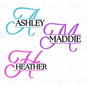 Op de afbeelding: Drie gepersonaliseerde monogramontwerpen met de namen: Ashley in turquoise, Maddie in paars en Heather in roze. Elke naam is gecentreerd in een gestileerde letter, ideaal voor gepersonaliseerde cadeaus of decoratie.
