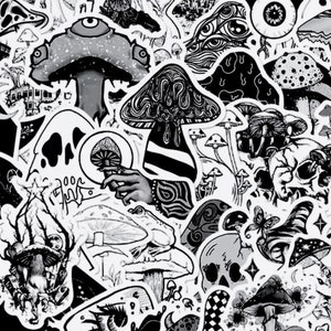 May include: Black and white sticker sheet featuring various mushroom designs, including psychedelic mushrooms, toadstools, and other fungi. The stickers are perfect for adding a whimsical touch to laptops, water bottles, journals, and more.