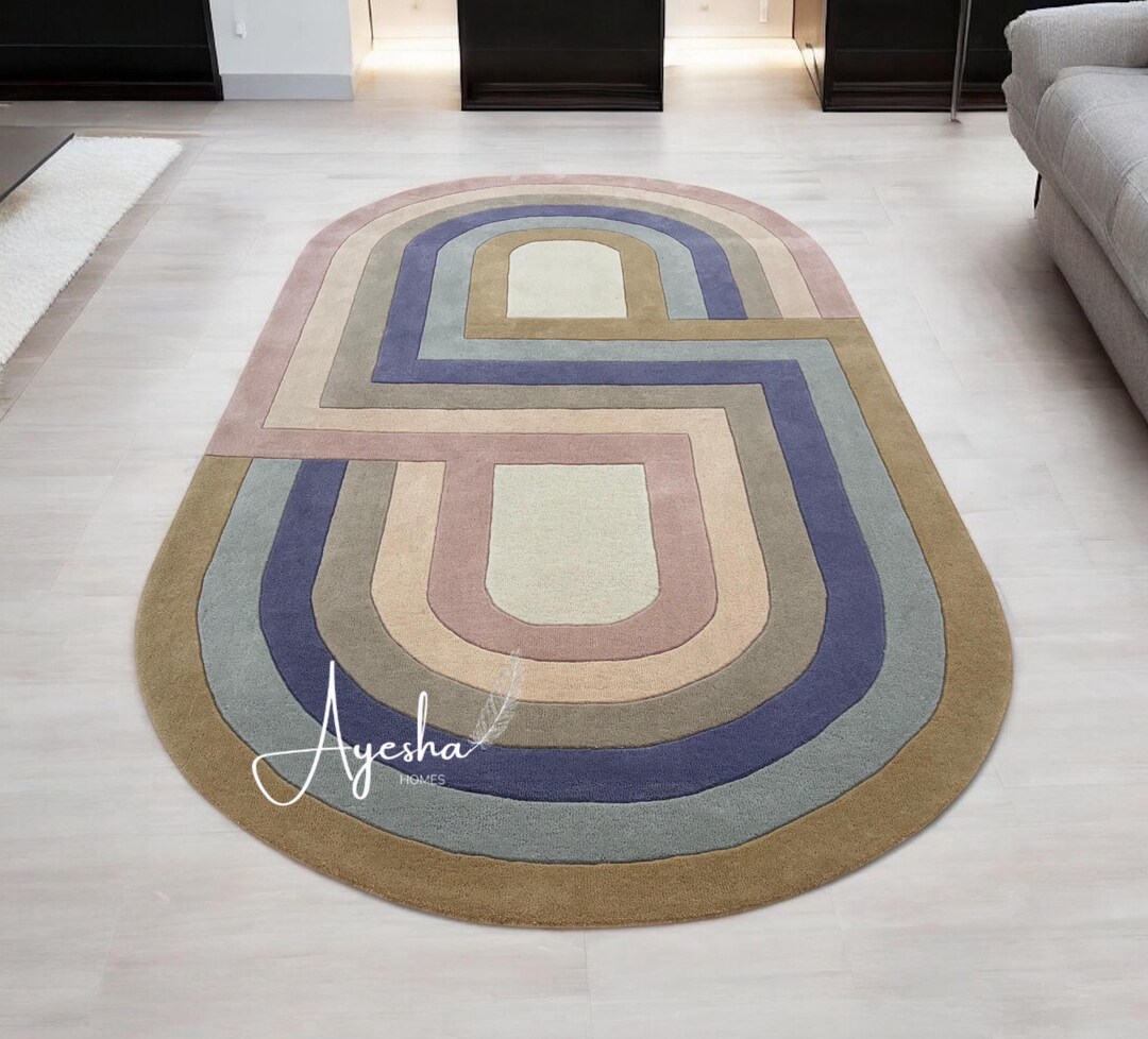 Hand Tufted New Zealand Wool Rug: Oval Geometric Design - Etsy