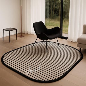 Stipe Hand Tufted rug in Beige Black  with curve corners add a playful twist to your living Room ,Bedroom , kids room , 8x10 , 9x12 , 10x14.