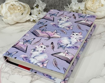 Adjustable book cover - fabric dust jacket - book sleeve - bookish gift - book accessories - she’s purrfect
