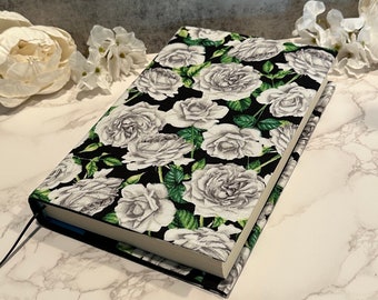 Adjustable book cover - fabric dust jacket - book sleeve - bookish gift - book accessories - gray roses