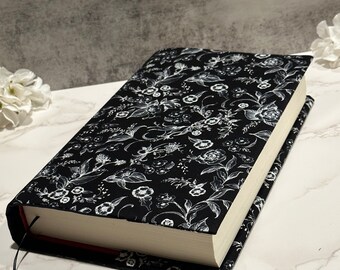 Adjustable book cover - fabric dust jacket - book sleeve - bookish gift - book accessories - black floral