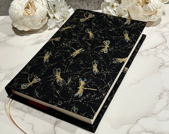 Adjustable Fabric Book Cover: Book Sleeve with Ribbon Bookmark - Dragonfly