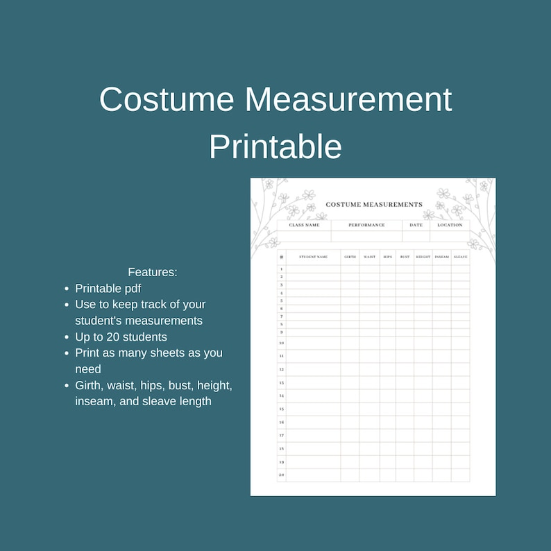 Dance Studio Costume Measurement Tracker Printable PDF Record Dancers ...