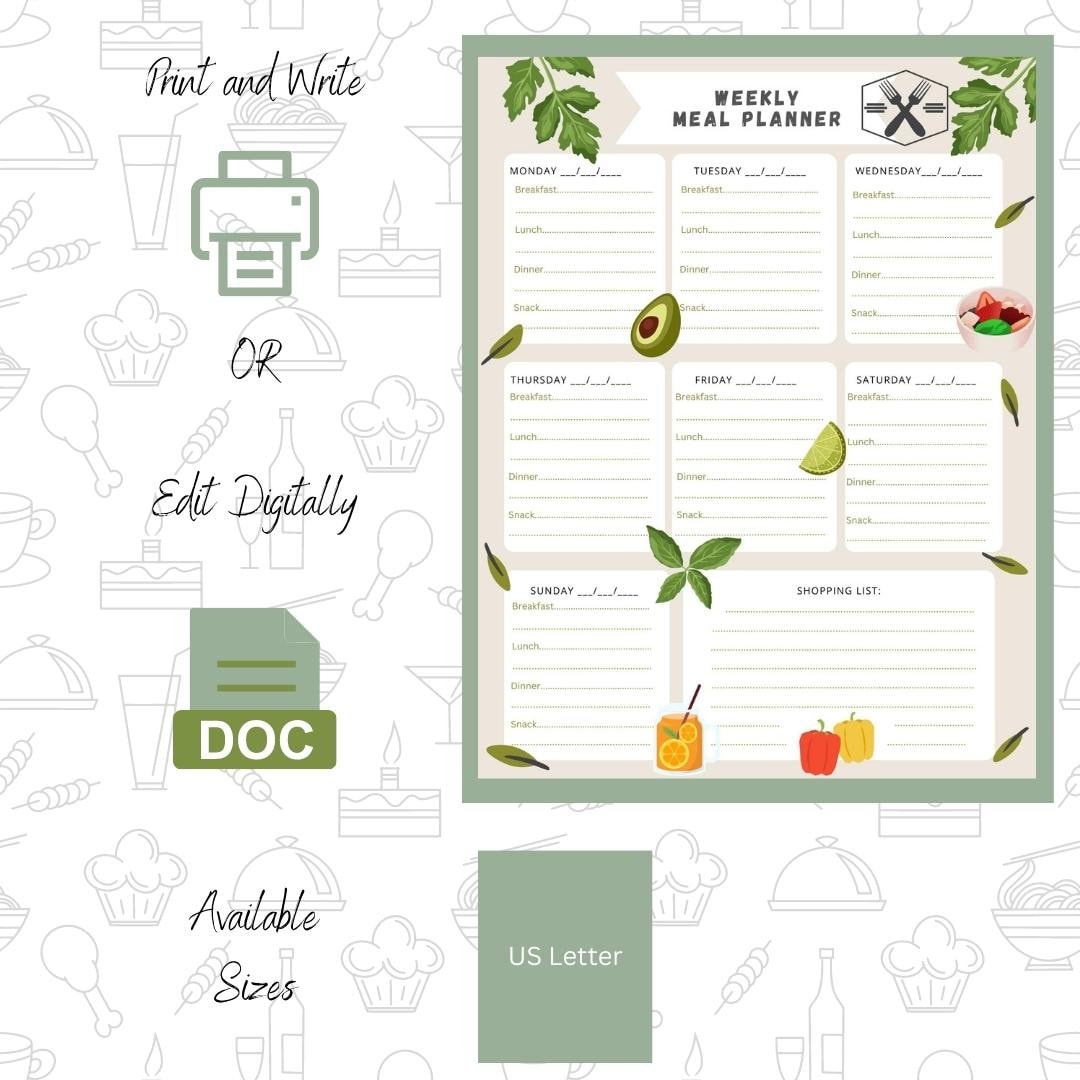 Weekly Meal Planner Editable and Printable US Letter Size - Etsy