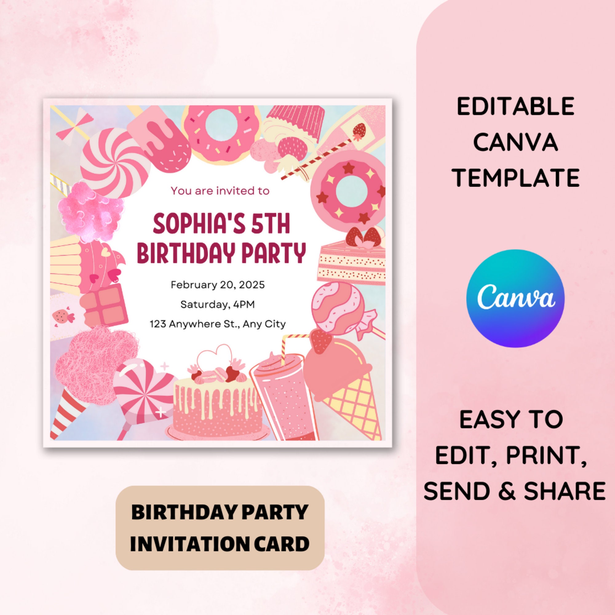 Candy Pink Birthday Party Invitation Card Template Editable in Canva ...