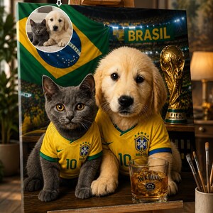 Könnte beinhalten: Ein Leinwanddruck auf einer Staffelei mit einer grauen Katze und einem Golden Retriever Welpen in gelben brasilianischen Fußballtrikots mit der Nummer 10. Der Hintergrund zeigt ein Stadion mit Brasilien-Flagge, einen WM-Pokal und ein Glas.
