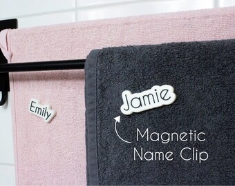 Magnetic Towel Tags with Names - Handmade & Stylish - White with Black Text