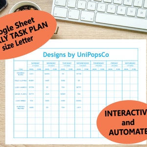May include: A printable weekly task planner template with a blue and white grid. The template is designed for use with Google Sheets and includes a section for each day of the week, with columns for task name, done, and date. The text "Interactive and Automate" is at the bottom of the page.