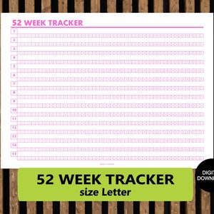 Pode incluir: Planeador de 52 semanas imprimível com linhas rosa e semanas numeradas de 1 a 52. O texto "52 Week Tracker" está no topo da página e o texto "size Letter" está na parte inferior da página.