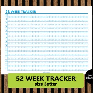 Pode incluir: Um rastreador de 52 semanas imprimível no tamanho carta. O rastreador tem uma grade de quadrados com os números de 1 a 15 no lado esquerdo. O texto "52 Week Tracker" está no topo da página e "size Letter" na parte inferior.