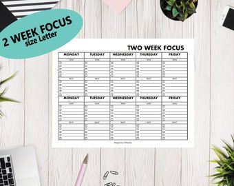 Letter|Black|Two Week Focus|2 Week Work Plan|Focus Now Next|Task List|Minimalist Focus Time|Simple Organization|Biweekly Planner|Digital