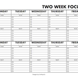 May include: A printable two-week planner with a black and white design. The planner is divided into two sections, each with a column for each day of the week: Monday, Tuesday, Wednesday, Thursday, and Friday. Each day has a section for "NOW" and "NEXT".