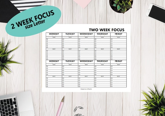 Letter|Black|Two Week Focus|2 Week Work Plan|Focus Now Next|Task List|Minimalist Focus Time|Simple Organization|Biweekly Planner|Digital