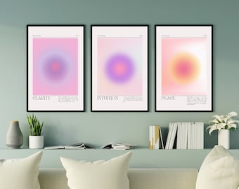 Aura Poster 3 Stück Wandkunst, Aura Energie spiritueller Farbverlauf Druck, Y2K Dekor, ästhetische Raumdekoration, Zen Wandkunst Körniger Farbverlauf