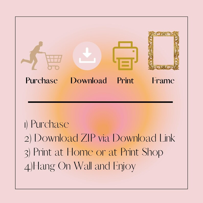 May include: A graphic showing the steps to purchase, download, print, and frame a digital download. The steps are: 1) Purchase, 2) Download ZIP via Download Link, 3) Print at Home or at Print Shop, 4) Hang On Wall and Enjoy.