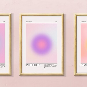 May include: Three framed prints with pastel pink, purple, and yellow gradient circles. Each print has a different word at the bottom: "Clarity", "Intuition", and "Peace".