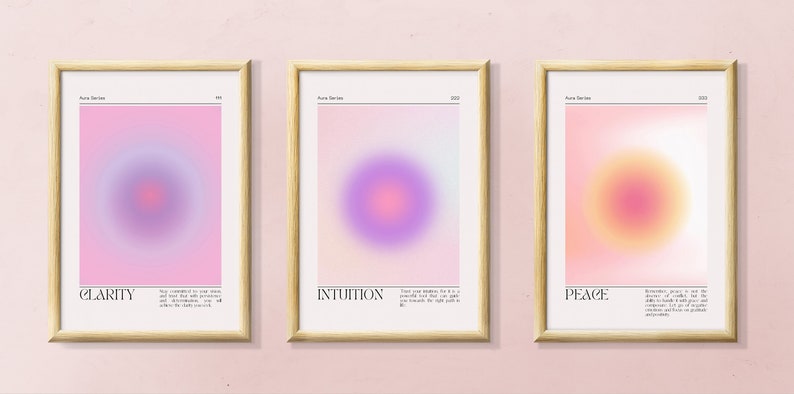 May include: Three framed prints with pastel pink, purple, and yellow gradient circles. Each print has a different word at the bottom: "Clarity", "Intuition", and "Peace".
