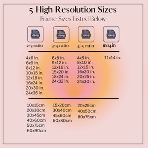 May include: A chart showing five different image aspect ratios and their corresponding sizes in inches and centimeters. The aspect ratios are 2:3, 3:4, 4:5, and 11x14. The chart is on a pink and orange gradient background.