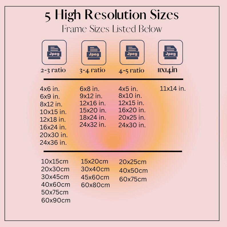 May include: A chart showing five different image aspect ratios and their corresponding sizes in inches and centimeters. The aspect ratios are 2:3, 3:4, 4:5, and 11x14. The chart is on a pink and orange gradient background.