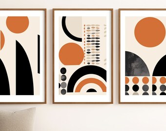 Mid Century Art Prints Set of 3, Neutral Modern Wall Art Decor, Minimalist Digital Prints, Boho Style Art Prints, Orange,