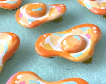 Colorful Eggs  | Handmade Polymer Clay Pins with rubber backs | silly design, cute art, colorful, food fashion