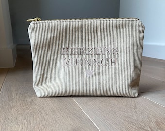 Cord Kosmetiktasche "Herzensmensch" | personalisiert | Schminktasche beige| Organizer | Make Up Aufbewahrung | Kulturtasche Reiseetui Damen