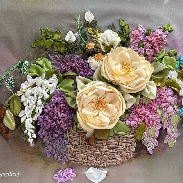 Bouquet brodé au ruban, image 3D brodée au ruban de soie - Suspension murale brodée à la main - Sans cadre