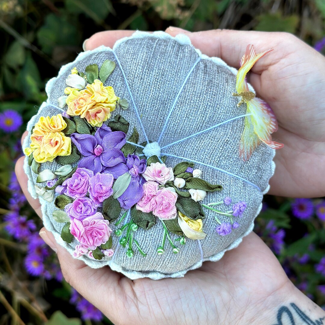 Colorful Ribbon Embroidered Pincushion With a Butterfly Big Size Etsy