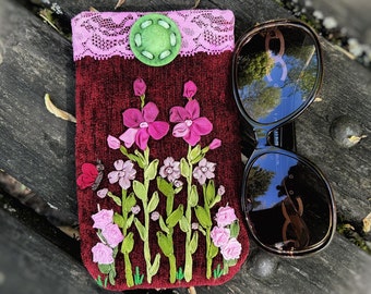 Ribbon-embroidered Glasses case, Soft mini bag for glasses, Embroidered protective purse