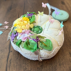 Floral Ribbon Embroidered  linen Pincushion Handmade, Round 8-sided Needle cushion, Gift for Her,  Handcrafted pin cushion
