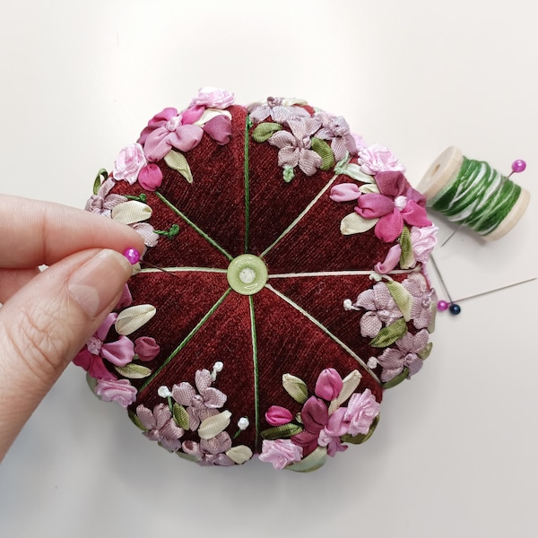 Floral Ribbon Embroidered Pincushion Handmade, Round 8-sided Needle cushion, Gift for Her, Pin Keeper,  Handcrafted Pin Holder