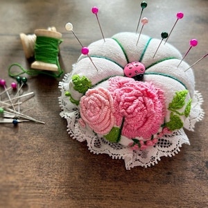 Handmade Ribbon Embroidered Bee Pincushion | Small Linen Pincushion | Decorative Sewing Accessory