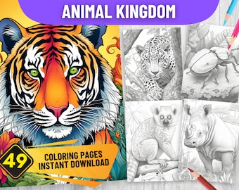 49 Animal Kingdom Coloring Book Pages for Adults, PDF Format, Instant Download Grayscale version, Black & White, Realistic Animal in Habitat