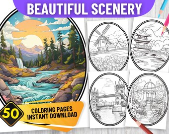 50 Beautiful Scenery Coloring Book Pages for Adult, PDF Format, Instant Download | Grayscale version | Black & White | Vacation Spots Places