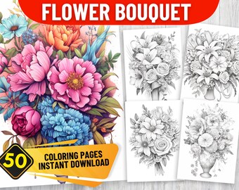 50 Flower Bouquet Coloring Book Pages for Adult, PDF Format, Instant Download | Grayscale version | Black & White | Floral Blossoming Garden